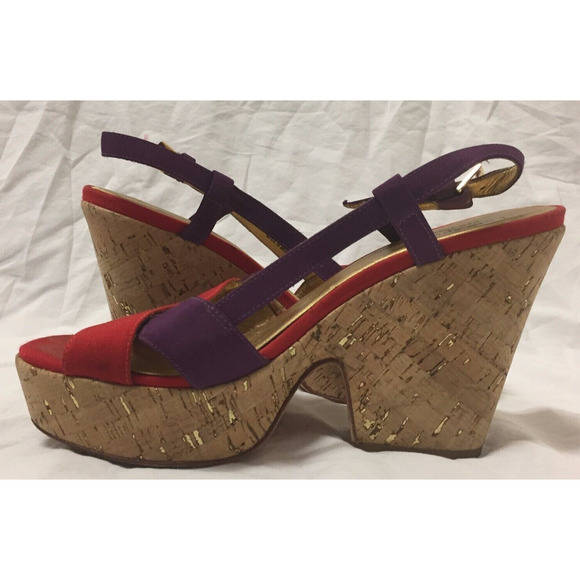 KATE SPADE New York Cork Wedge Red Purple Slingbacks Sz 7.5 M - Picture 4 of 6